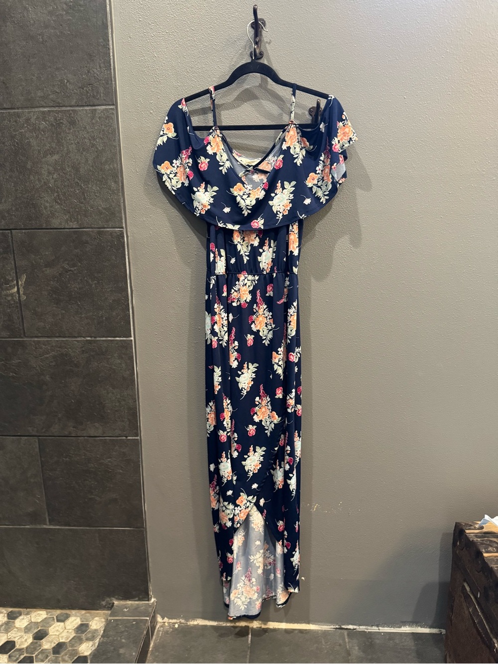 Navy Floral High-Low Maxi Dress with Ruffle Bodice